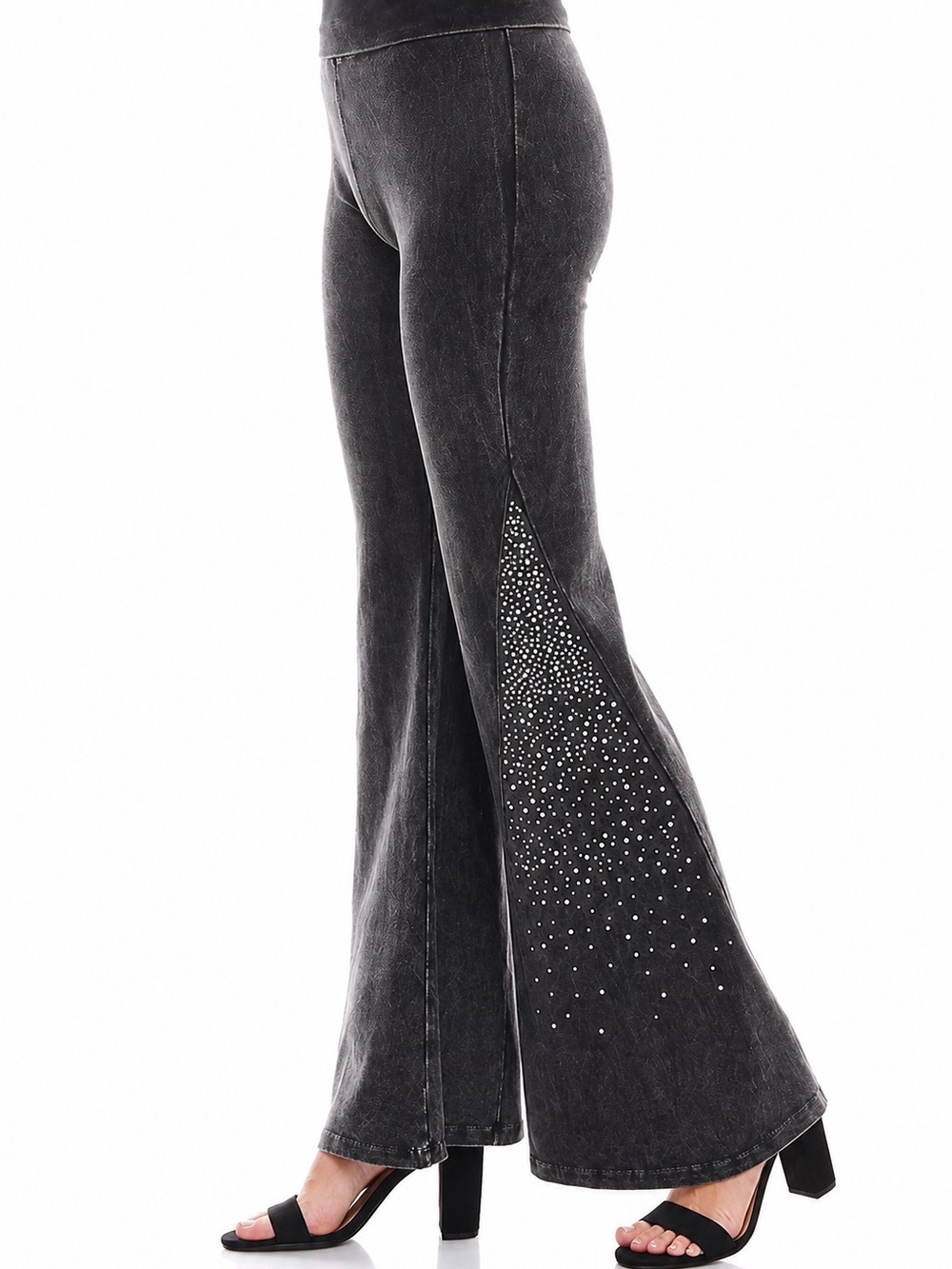 Women's Black Boot Cut Flare Pants with AB Rhinestone Side Panels